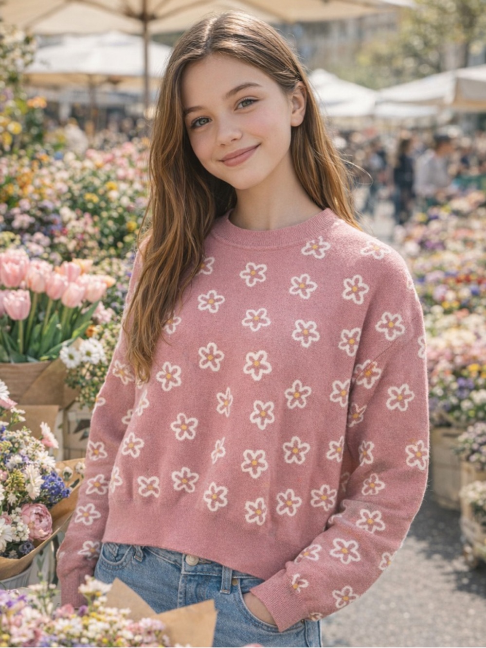 Hazel Moon Feminine romantic summer  Pink Daisy Casual Chic Floral Sweater M